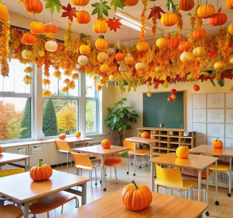 Decoración de escritorios escolares con toques otoñales