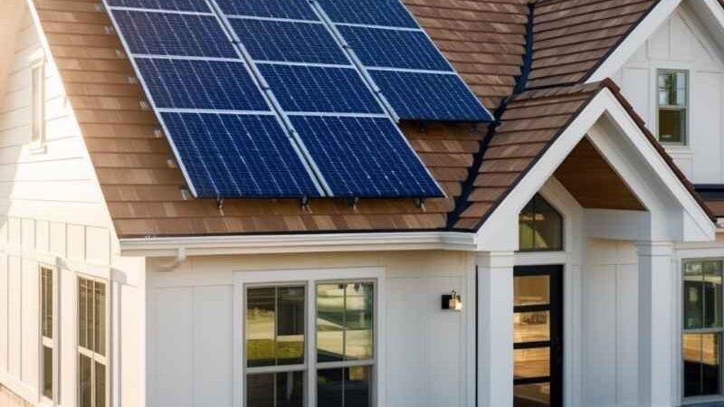 Casa residencial equipada con paneles solares en el techo, ejemplo de generación de energía renovable y eficiencia energética en hogares.