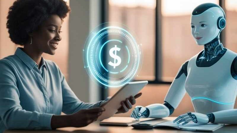 mujer y robot simulando la relación entre el ser humano y la inteligencia artificial