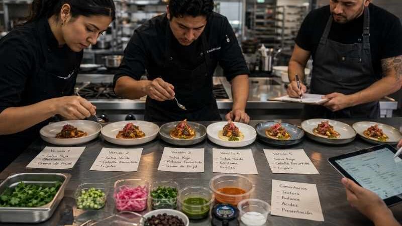 Equipo gastronómico probando versiones de un menú para nuevos mercados.