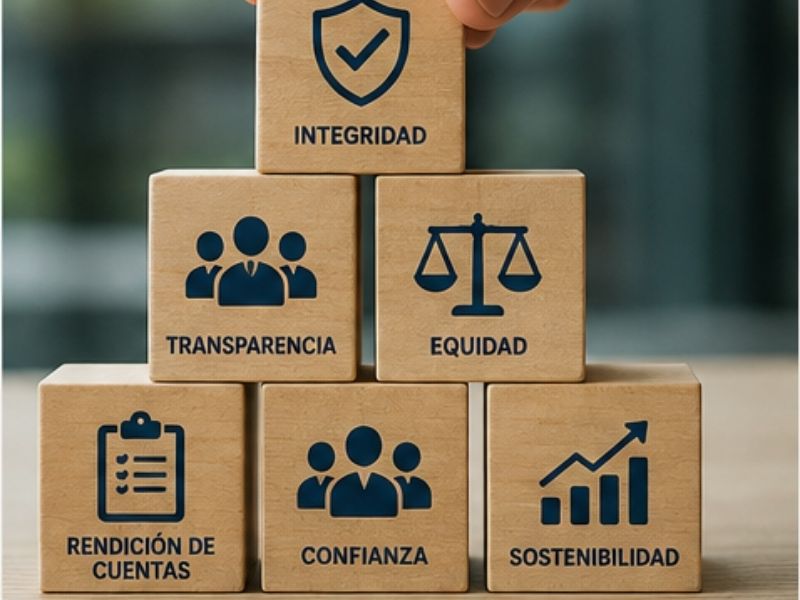 Bloques que representan integridad, transparencia, equidad, rendición de cuentas, confianza y sostenibilidad como principios de gobernanza empresarial.