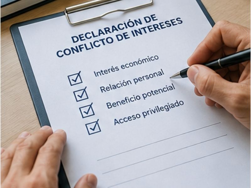 Persona completando una declaración de conflicto de interés con categorías de interés económico, relación personal, beneficio potencial y acceso privilegiado.