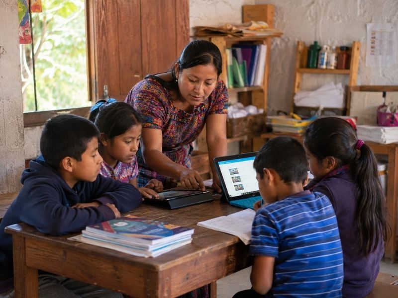 Docente guía a estudiantes en el uso de laptops y tablets durante una actividad educativa apoyada por tecnología en una escuela de Guatemala.