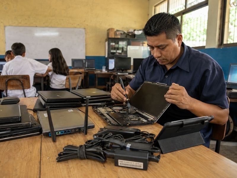 Técnico realiza mantenimiento preventivo a laptops y dispositivos utilizados para mejorar la conectividad escolar y la continuidad del servicio educativo.