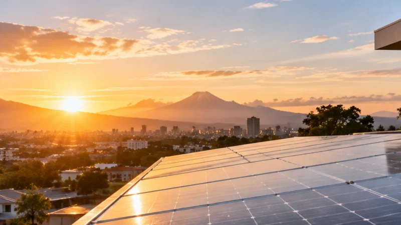Paneles de energía solar instalados en el techo de un edificio moderno, con una ciudad y montañas al fondo durante el atardecer.