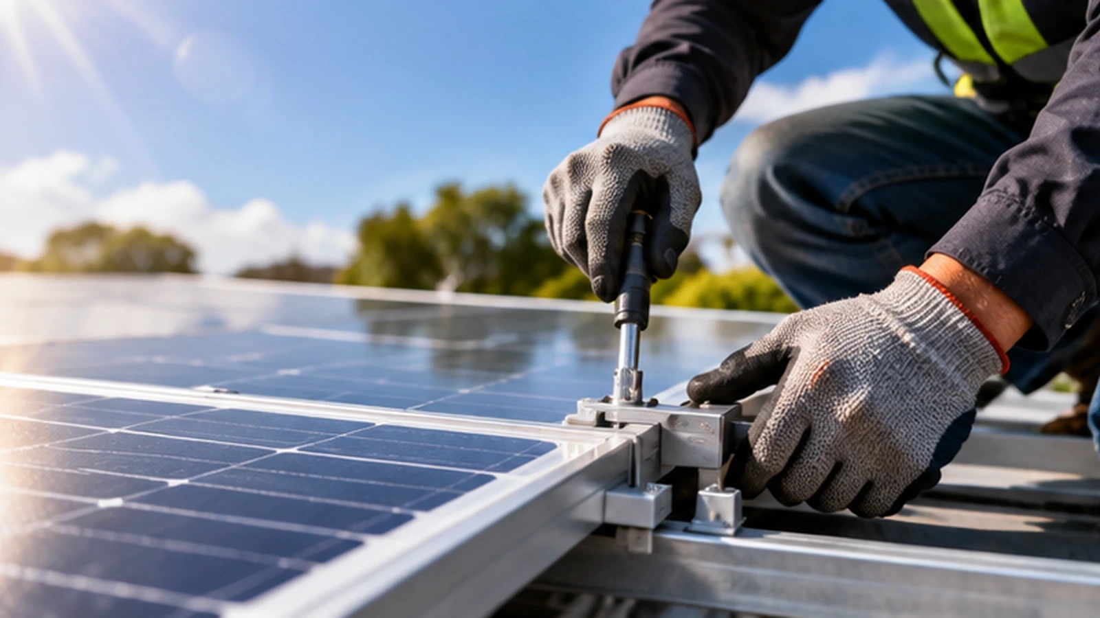 Técnico ajustando los soportes de un panel fotovoltaico durante la instalación de un sistema de energía solar.