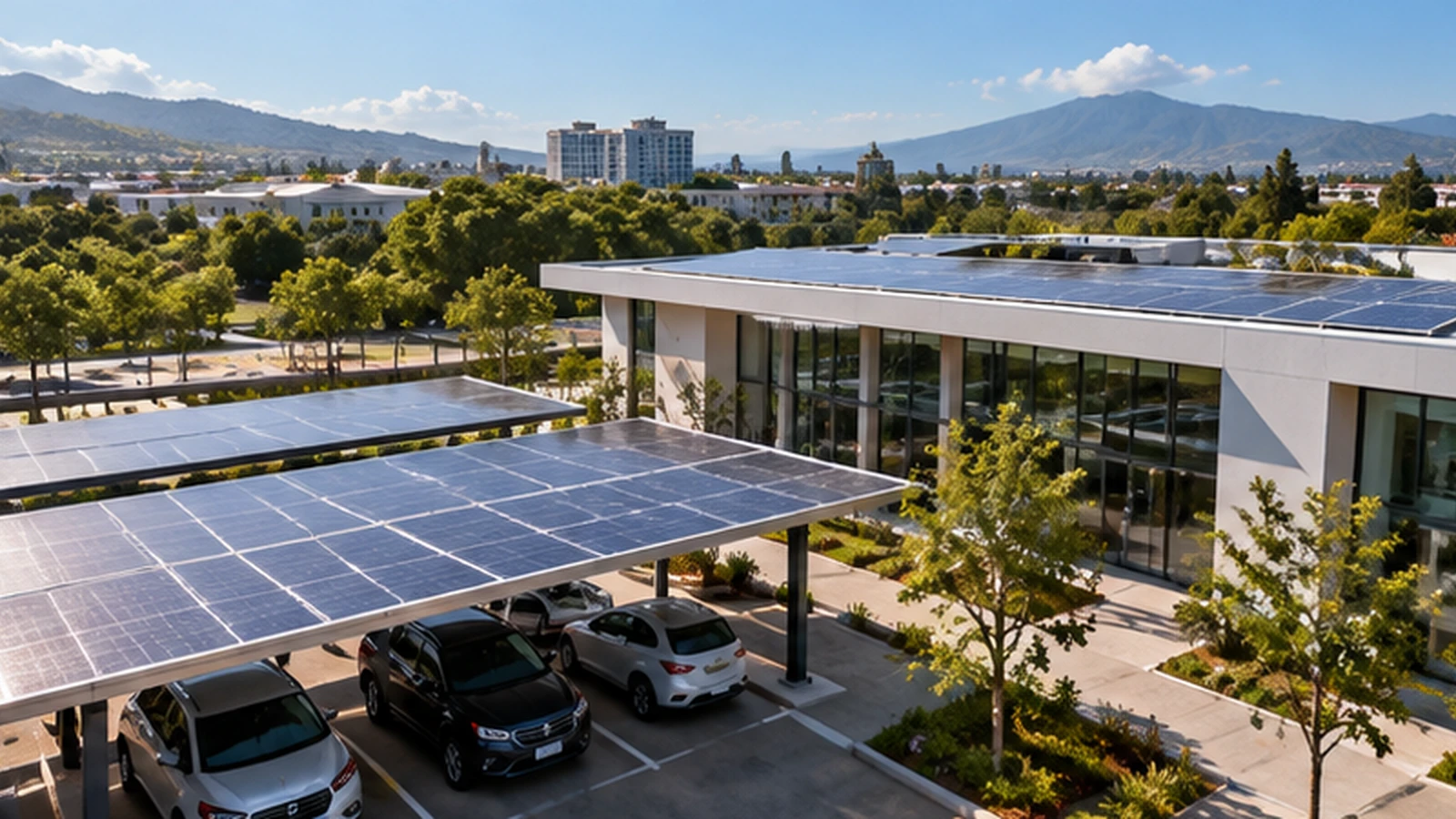 Edificio empresarial con paneles de energía solar instalados en el techo y sobre el estacionamiento para aprovechar la luz del sol.